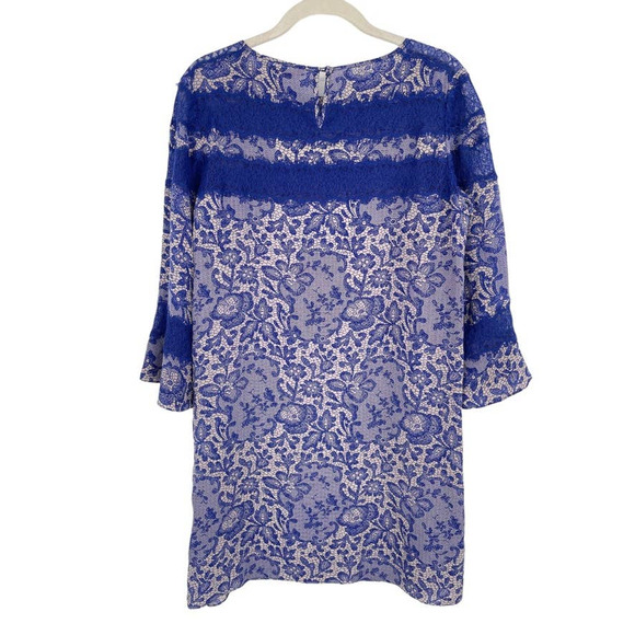 NEW - REBECCA TAYLOR 100% Silk Mini Shift Dress Lace Detail Blue - Size 6 - Picture 6 of 12